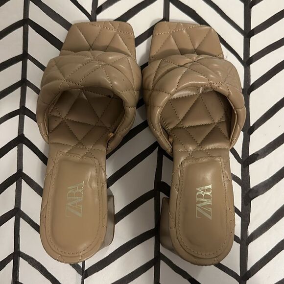 Zara Size 37 Quilted Leather Nude Square Toe Block Heel - Picture 2 of 4